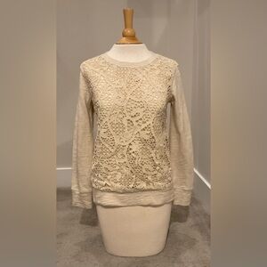 J. Crew Beige Cotton Sweatshirt with Cotton/Silk Lace Detail Front, Size XS